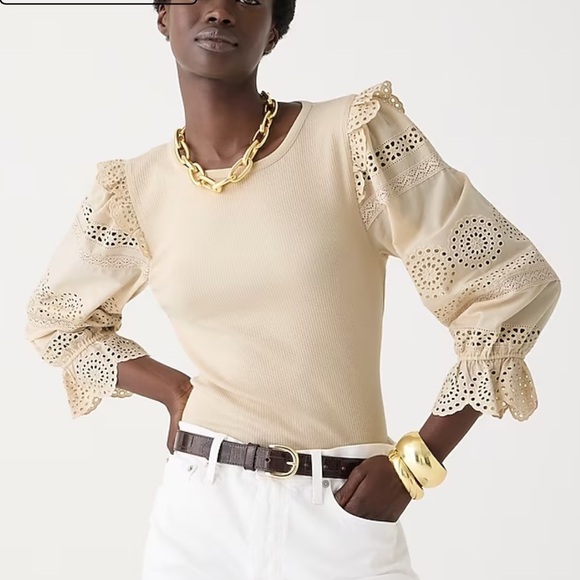 J. Crew Ruffle trim eyelet top in vintage rib shirt BT680 Black XS - Picture 2 of 5